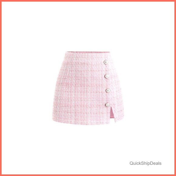 High Waist Split Button Tweed Skort Plaid Skirt Polyester